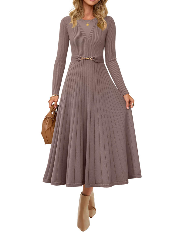 ZESICA Fall Crewneck Knit A Line Pleated Flowy Long Dresses with Belt