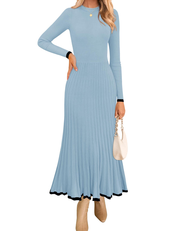 ZESICA Crewneck Ribbed Knit Pleated A-Line Wedding Dresses