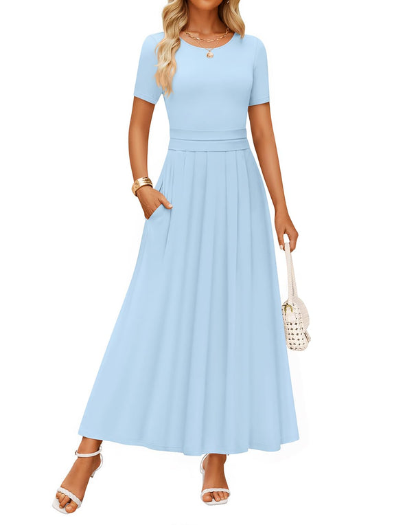 ZESICA Short Sleeve Crewneck Pleated A Line Flowy Long Dresses