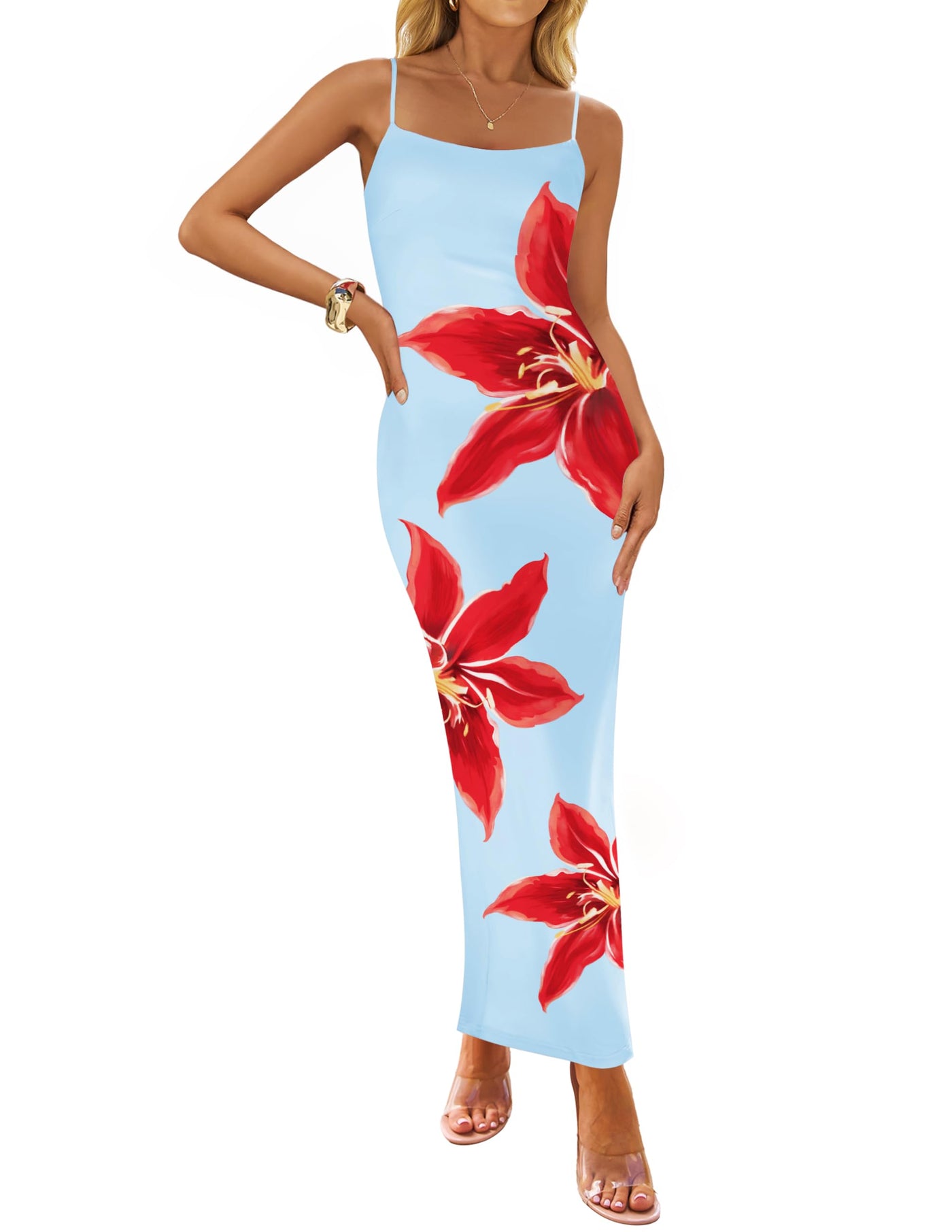 ZESICA Bodycon Floral Spaghetti Strap Boho Long Dresses zesica ZESICA Bodycon Floral Spaghetti Strap Boho Long Dresses zesica