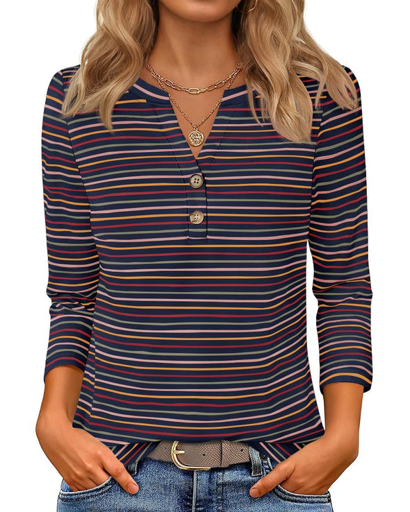 ZESICA Boho Striped Henley Shirts 3/4 Sleeve Tops Casual Blouses
