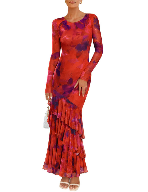 ZESICA Floral Bodycon Boho Long Sleeve Mesh Ruffle Mermaid Dress