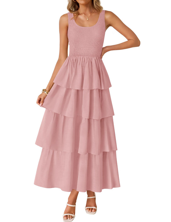 ZESICA Scoop Neck Ruffle Tiered Layered Swing Long Beach Dresses