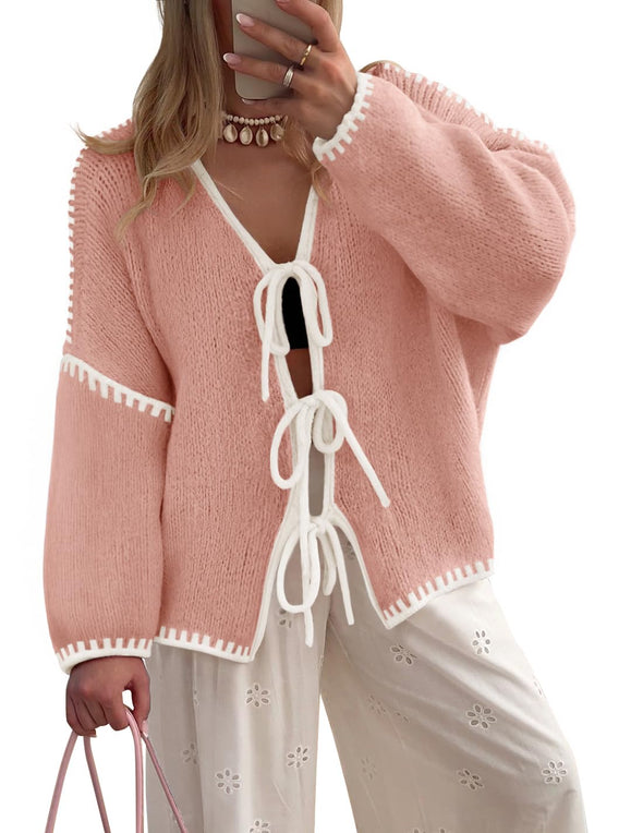 ZESICA Tie Front Bow Knit Color Block Fall Winter Clothing Coats
