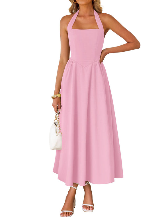 ZESICA Sleeveless Halter Off Shoulder High Waist Beach Long Dresses