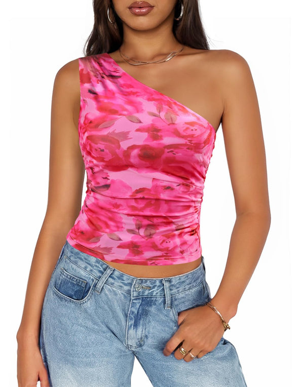 ZESICA Going Out Tank Top Floral Off Shoulder Slim Fit Y2K Crop Tops