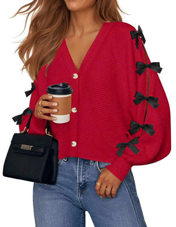 ZESICA Fall Bow Cardigans Button V Neck Knit Outerwear Coats