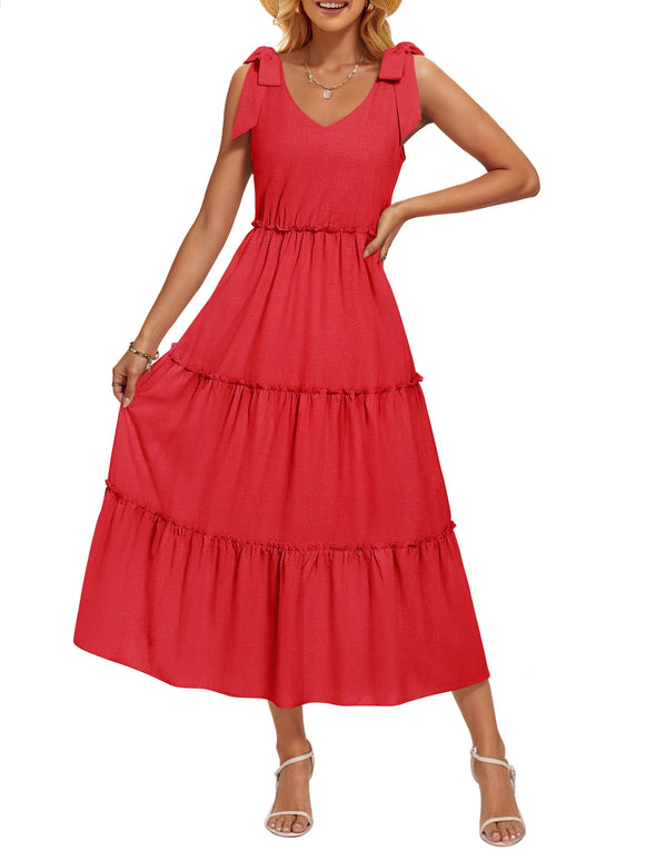 ZESICA Tie Shoulder Flowy Tiered A Line Beach Long Sundress