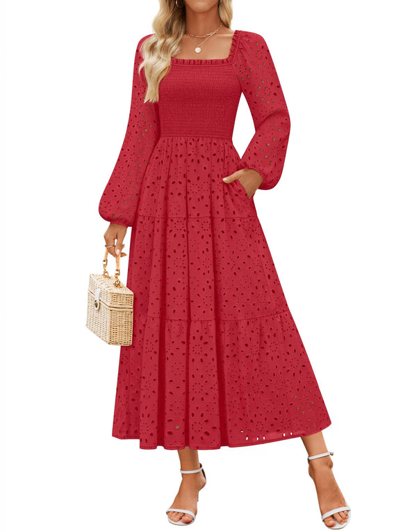 ZESICA Square Neck Hollow Out Eyelet Smocked A Line Boho Dress