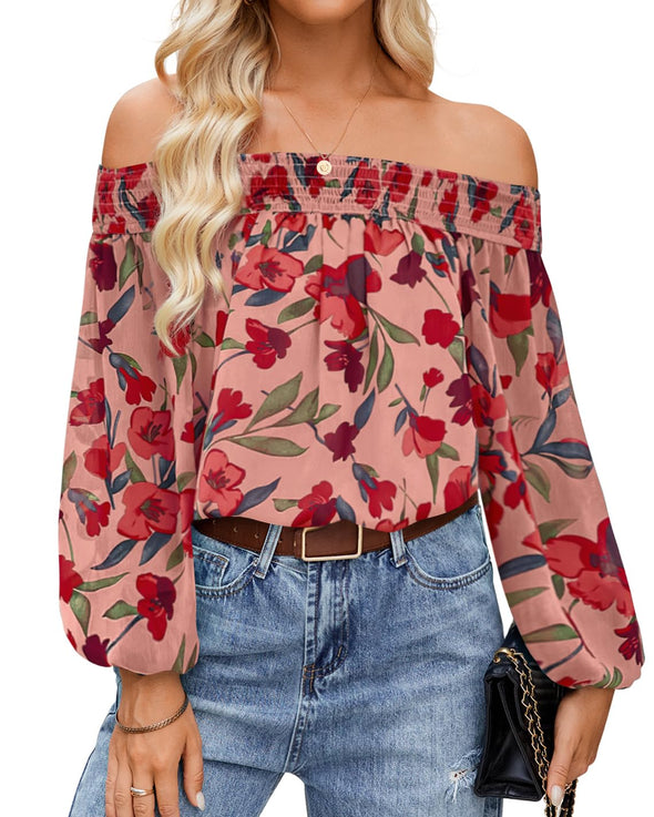 ZESICA Off Shoulder Floral Chiffon Loose Dressy Blouses