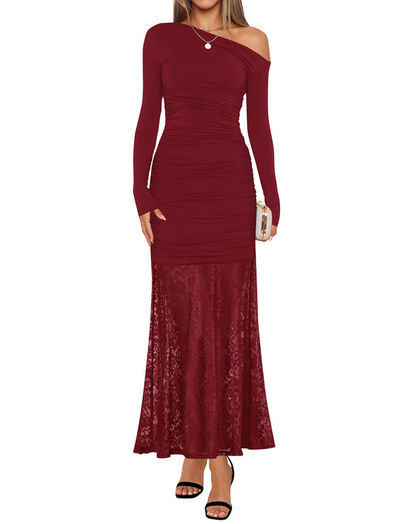ZESICA Off Shoulder Bodycon Ruched Lace Wedding Guest Cocktail Dress