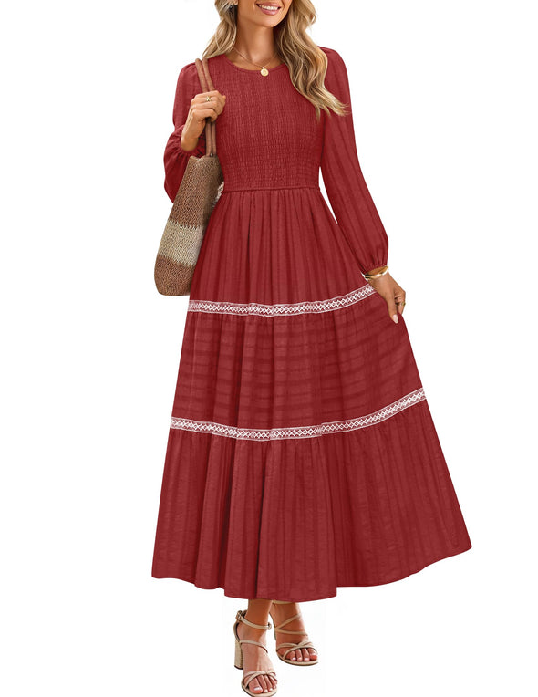 ZESICA Crewneck Smocked A Line Tiered Flowy Wedding Long Dress