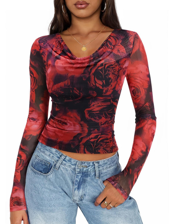 ZESICA Fall Cowl Neck Slim Fit Going Out Y2k Shirts Date Night Outfits