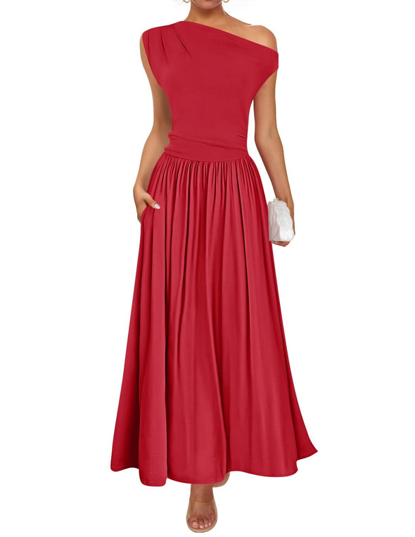 ZESICA Sleeveless One Shoulder Casual Slim Swing Pleated Dresses