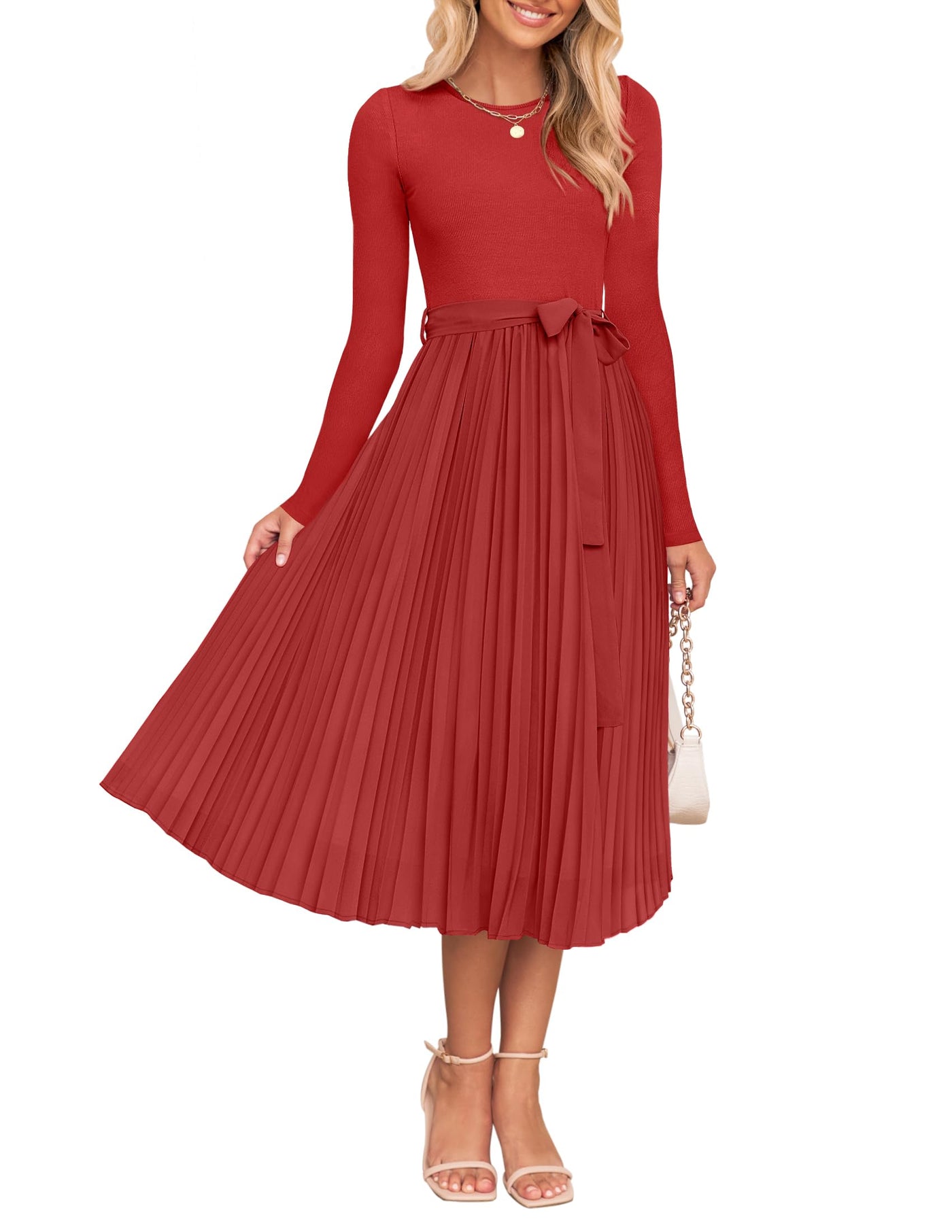 ZESICA Casual Crewneck Knit Belted Pleated A Line Flowy Sweater Dresse zesica ZESICA Casual Crewneck Knit Belted Pleated A Line Flowy Sweater Dresse zesica