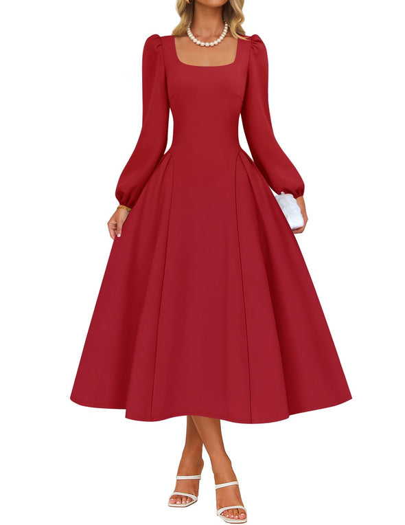ZESICA Fall Square Neck Swing A Line Wedding Guest Evening Prom Dress