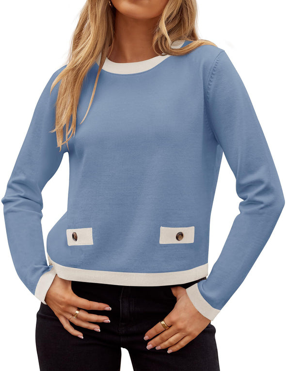 ZESICA Fall Crewneck Knit Color Block Lightweight Tops