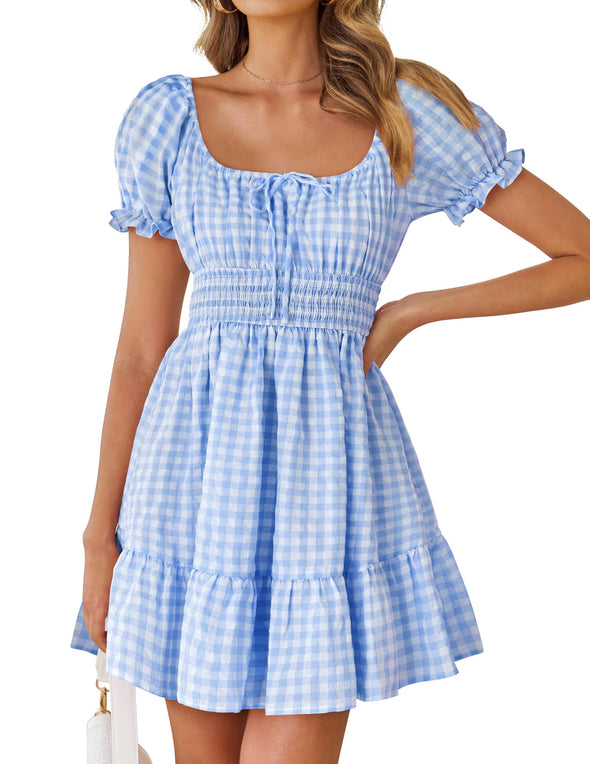 ZESICA Square Neck Puff Sleeve Plaid Ruffle Flowy Smocked Dresses