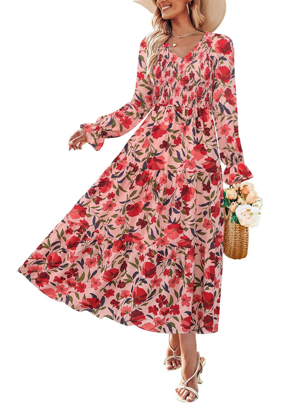 ZESICA Floral Boho V Neck A-Line Flowy Wedding Guest Dresses