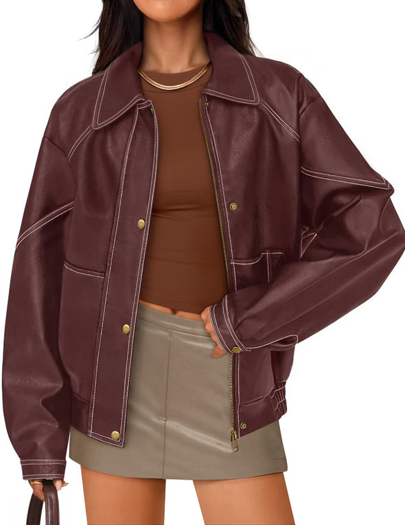 ZESICA Faux Leather Jacket Oversized Zipper Motorcycle Coats