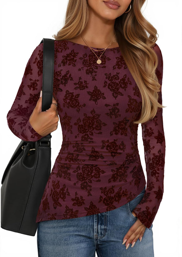 ZESICA Floral Long Sleeve Boat Neck Ruched Tops Slim Fitted