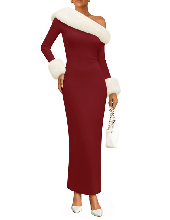 ZESICA Formal Off Shoulder Faux Fur Bodycon Side Slit Maxi Dress