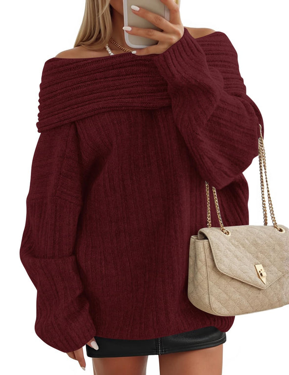 ZESICA Off The Shoulder Sweater Oversized Winter Ribbed Knit Tops