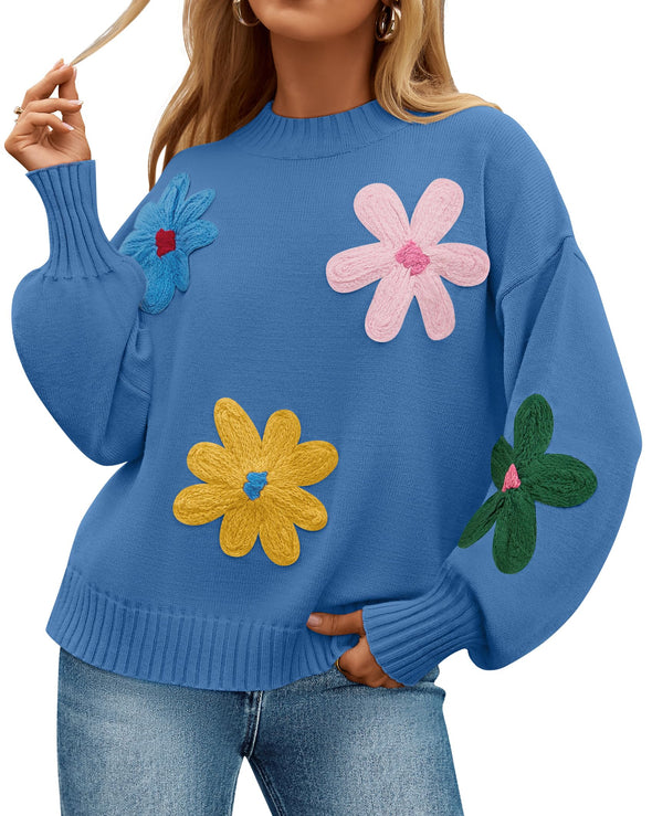 ZESICA Crewneck Ribbed Knit Flower Color Block Loose Pullover Tops