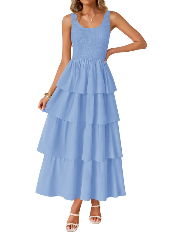 ZESICA Scoop Neck Ruffle Tiered Layered Swing Long Beach Dresses