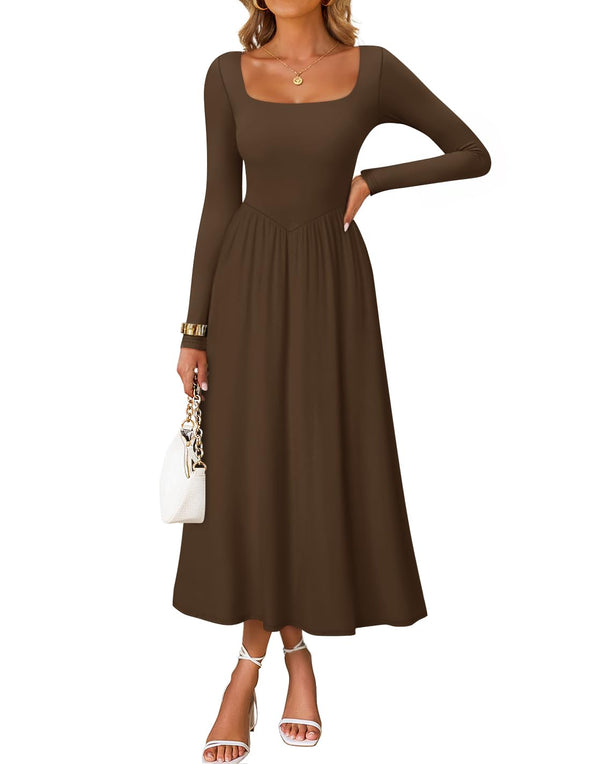 ZESICA Elegant Classy Square Neck Flowy Wedding Guest Dress