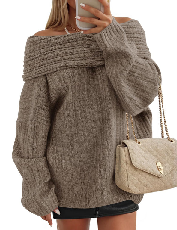 ZESICA Off The Shoulder Sweater Oversized Winter Ribbed Knit Tops