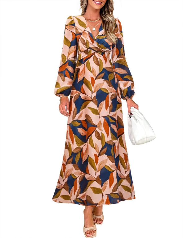 ZESICA Fall Boho V Neck Belted High Wasit Flowy Cocktail Party Dress