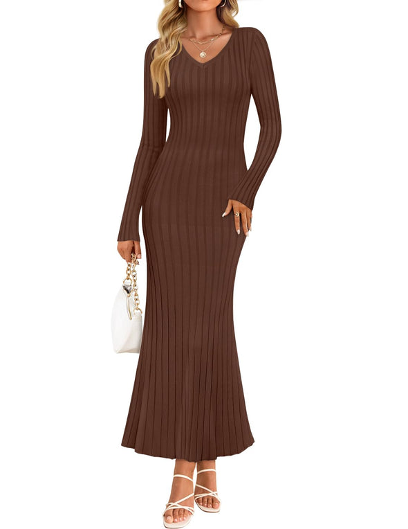 ZESICA Fall Sweater V Neck Ribbed Knit Party Cocktail Bodycon Dresses