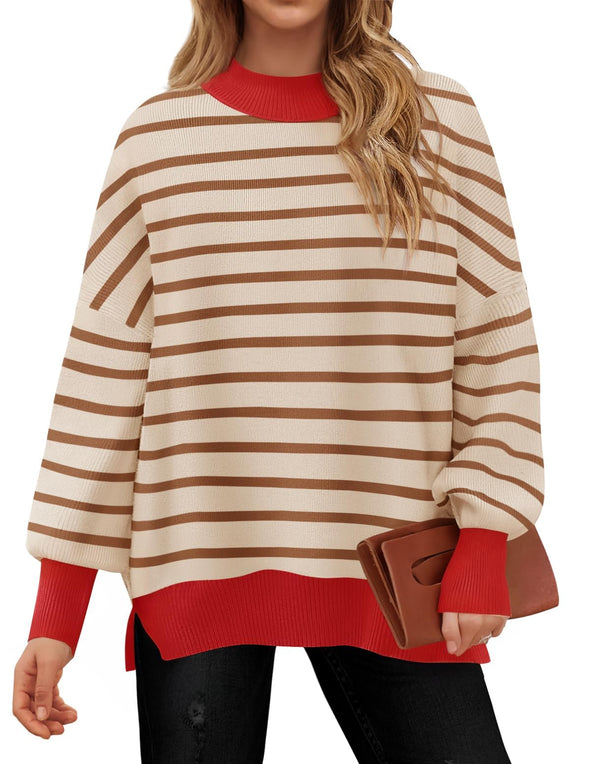 ZESICA  Striped Sweaters Mock Neck Comfy Knit Pullover Tops