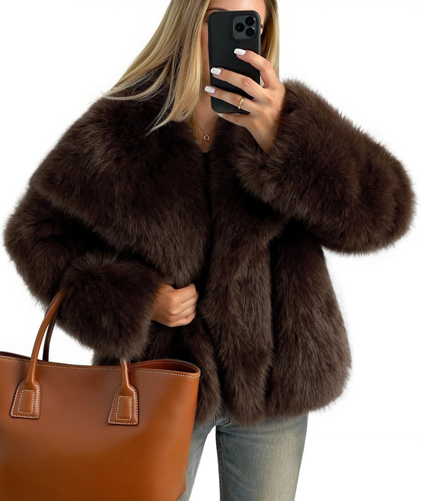 ZESICA Winter Faux Fur Coats Fluffy Jacket Lapel Shaggy Warm Outerwear