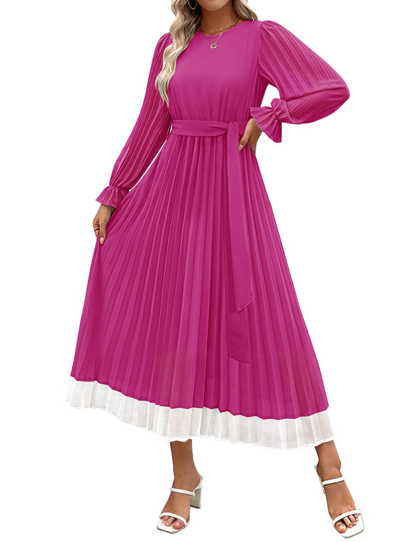 ZESICA Chiffon Crew Neck Pleated A Line Flowy Midi Dresses