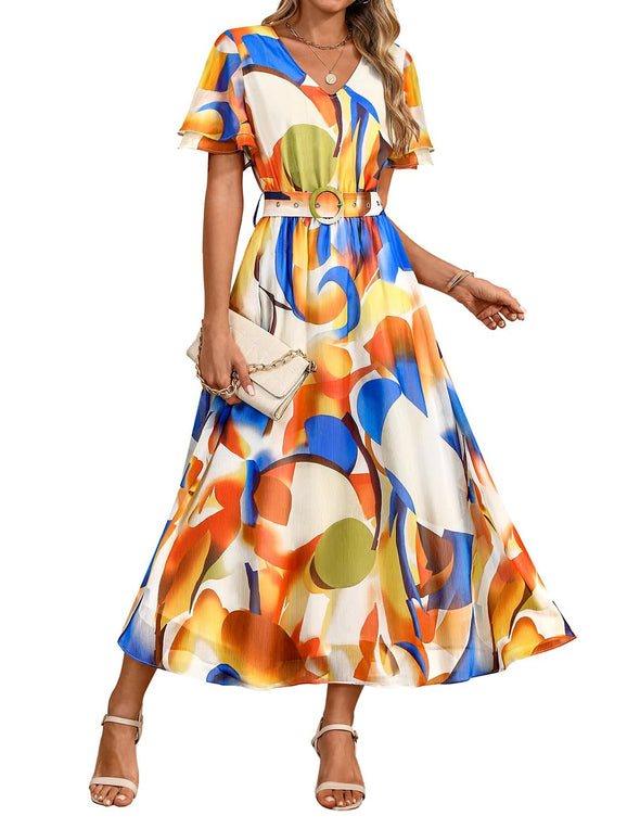 ZESICA Floral Print Short Sleeve V Neck High Waist Flowy Dress