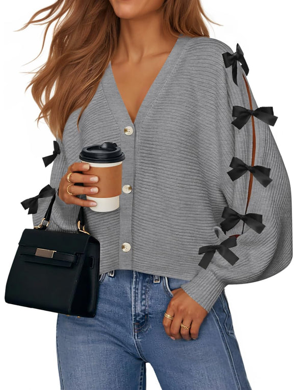 ZESICA Fall Bow Cardigans Button V Neck Knit Outerwear Coats