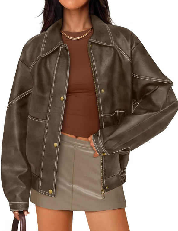 ZESICA Faux Leather Jacket Oversized Zipper Motorcycle Coats