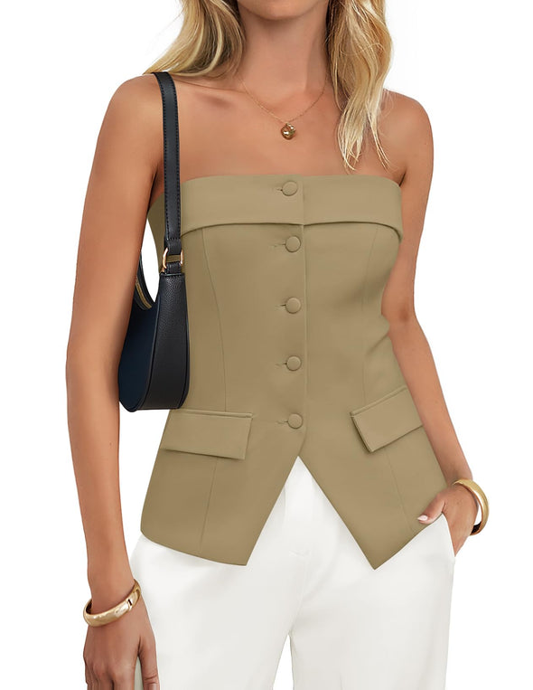ZESICA Trendy Strapless Blazer Summer Dressy Tube Vest Tops