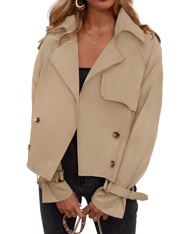 ZESICA Crop Trench Coat Lapel Double Breasted Loose Casual Jacket