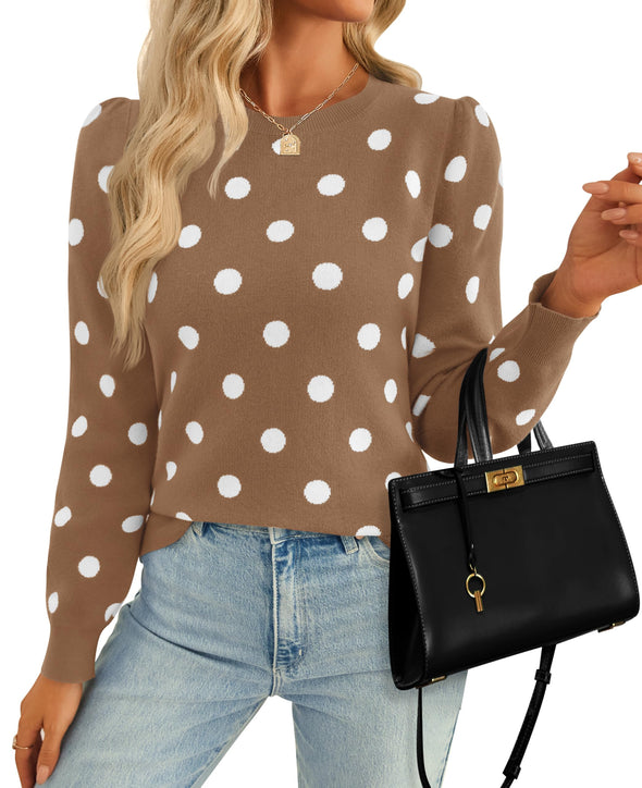 ZESICA Crewneck Polka Dots Ribbed Knit Soft Pullover Sweater