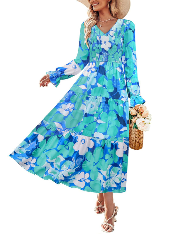ZESICA Floral Boho V Neck A-Line Flowy Wedding Guest Dresses