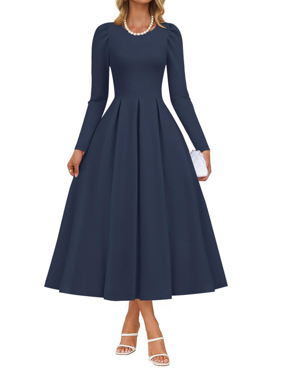 ZESICA Fall Elegant Crewneck Swing A Line Wedding Party Dress