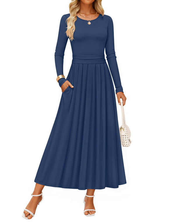 ZESICA Elegant Crewneck Knit High Wasit Pleated Flowy A Line Dresses