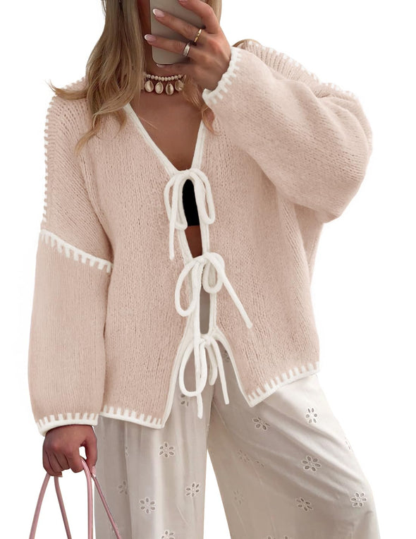 ZESICA Tie Front Bow Knit Color Block Fall Winter Clothing Coats