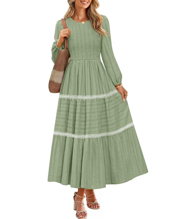 ZESICA Crewneck Smocked A Line Tiered Flowy Wedding Long Dress