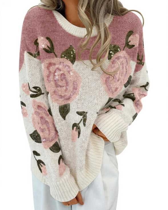 ZESICA Floral Oversized Crewneck Chunky Knit Pullover Sweater Tops