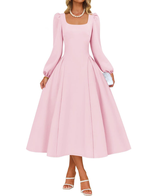 ZESICA Fall Square Neck Swing A Line Wedding Guest Evening Prom Dress