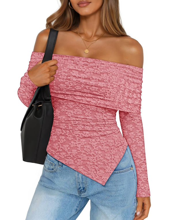 ZESICA Mesh Long Sleeve Shirts Asymmetrical Ruched Tee Blouses
